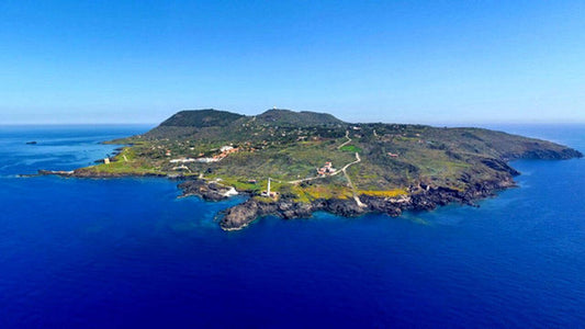 Aerial view of Ustica Island with lush greenery and clear blue waters.