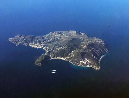 Aerial view of Lipari island, showcasing its lush terrain and surrounding blue waters.