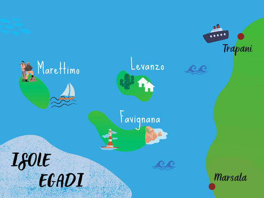 Map of Isole Egadi showing Favignana, Levanzo, Marettimo with landmarks and nearby cities.