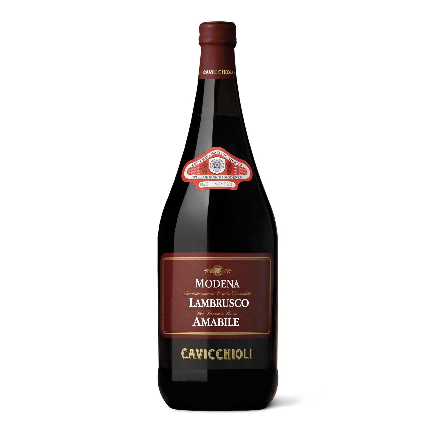 Bottle of Cavicchioli Lambrusco di Modena Amabile DOC 1.5L, a sparkling red wine from Modena.