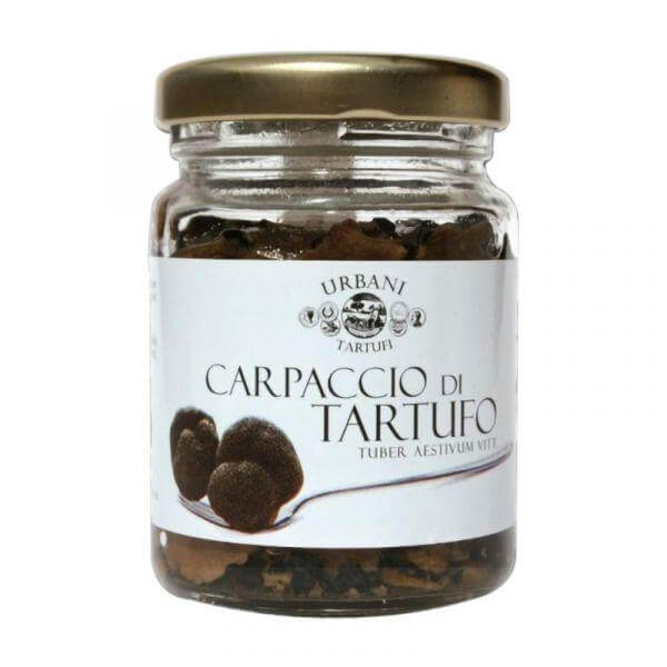 Carpaccio di Tartufo Nero 75 gr. in a glass jar, ideal for gourmet dishes and original gifts.