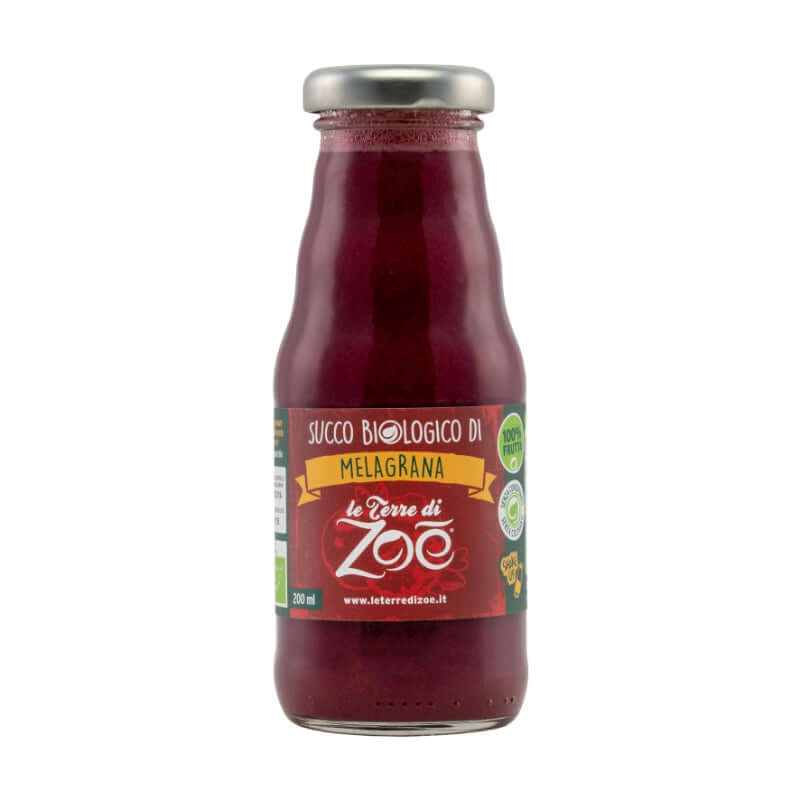 Succo biologico di melagrana Le Terre di Zoe in bottiglia da 200 ml, ricco di antiossidanti e gusto naturale.