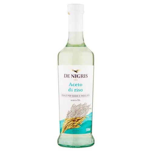 Bottle of De Nigris Aceto di Riso 500 ml, ideal for sushi and marinades, gluten-free, with a delicate flavor.