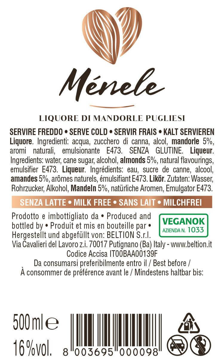 Label of Ménele Liquore di Mandorle, 500ml, highlighting ingredients and vegan certification.