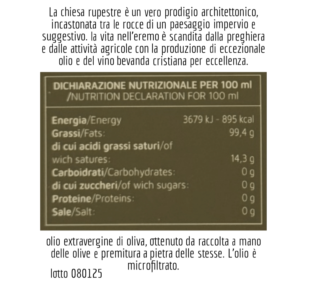 Nutritive information for Eremita extra virgin olive oil, indicating energy and composition per 100 ml.