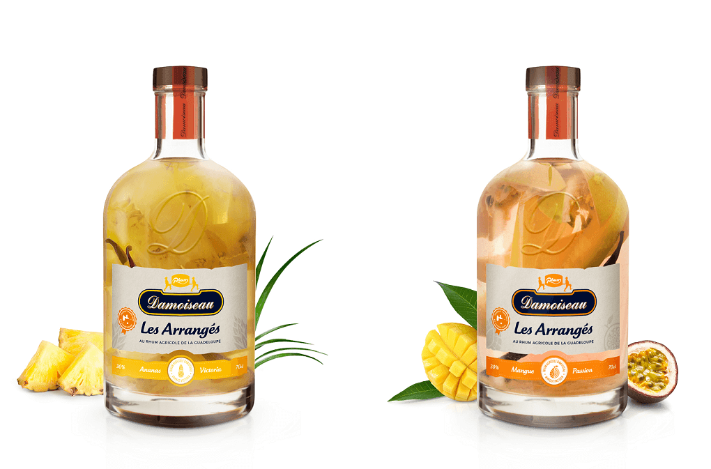 Rum Agricolo Daimoiseau Les Arrangés bottles with Mango, Passion Fruit, Pineapple, and Vanilla flavors, 70 cl each.