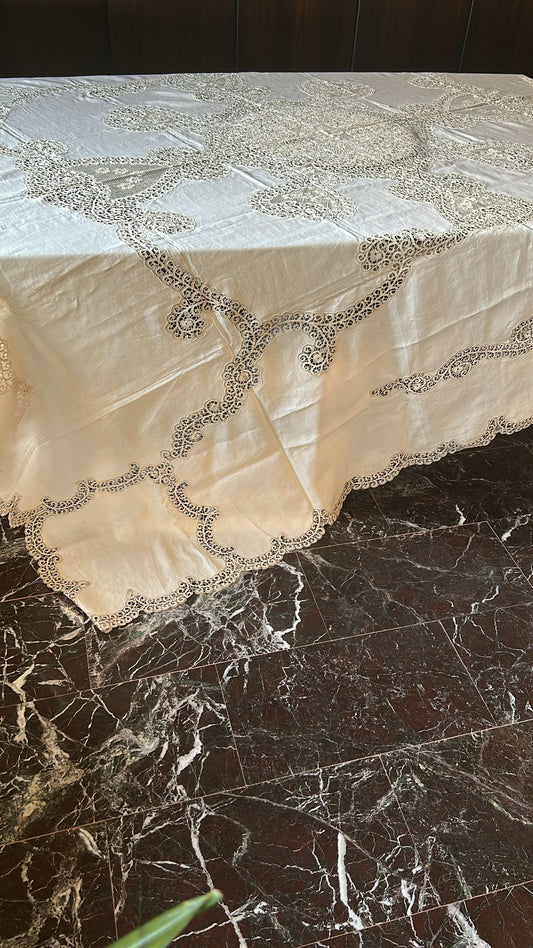 Copriletto di Burano Venzia originale in lino con pizzo, artigianale, anni '50, mai usato, made in Italy.