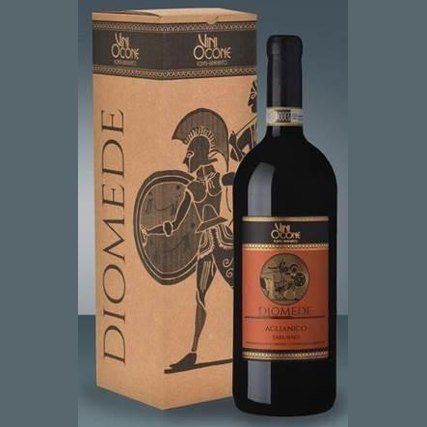 Diomede Aglianico del Taburno Magnum wine bottle with decorative packaging, showcasing ruby red color and 13.5% alcohol.