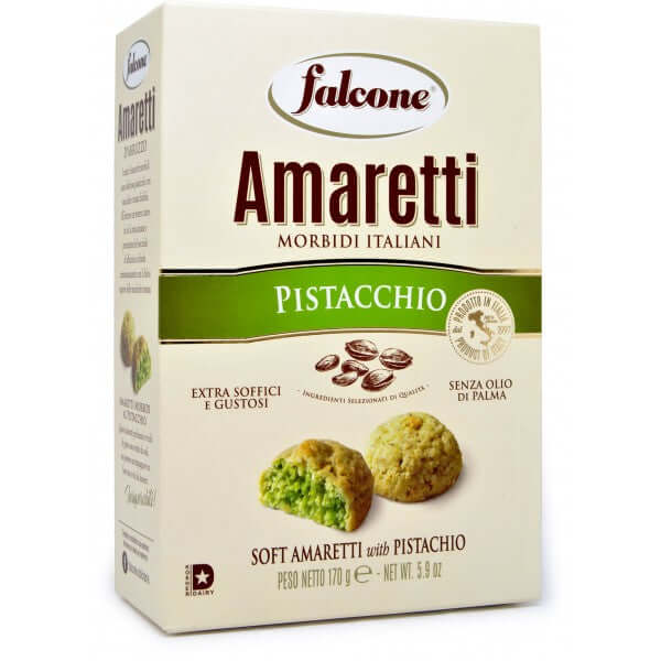 Packaging of Falcone Amaretti al Pistacchio, soft Italian cookies made with Sicilian pistachios.