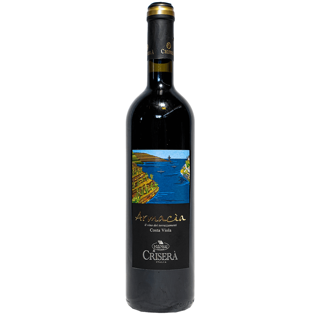 Armacia IGT Calabria Rosso wine bottle with scenic Costa Viola label and distinct design.