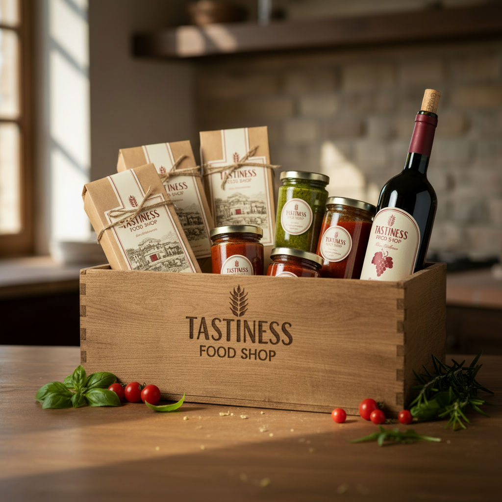 box pranzo tipico calabrese with wine, pasta, and traditional Calabrian sauces in a wooden crate.