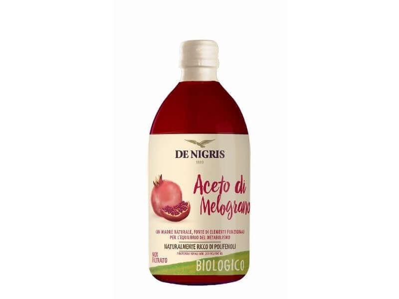 Aceto di Melograno Biologico 500 ml, ideale per insalate e grigliate, ricco di antiossidanti e sapore fresco.