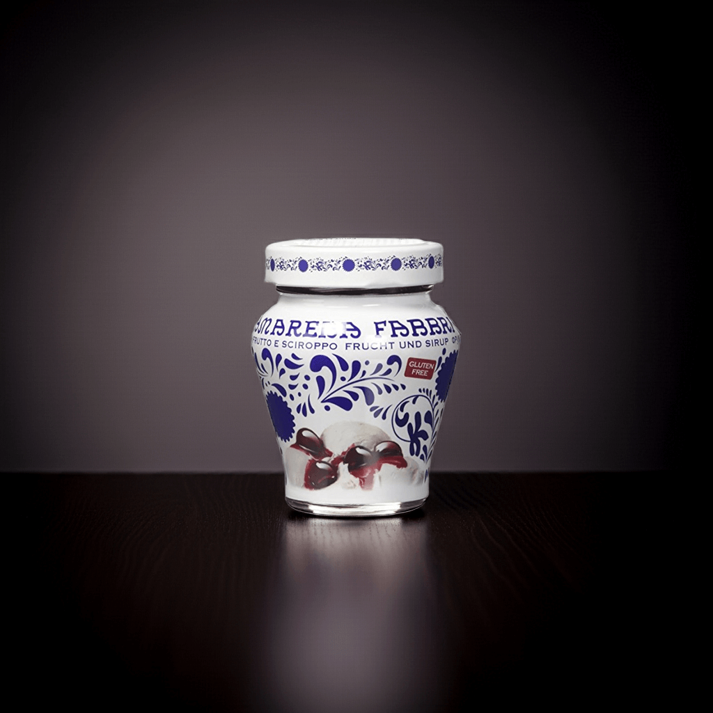 Amarena Fabbri cherry jar - 230 grams of sweet cherries in syrup, perfect for desserts and savory dishes.