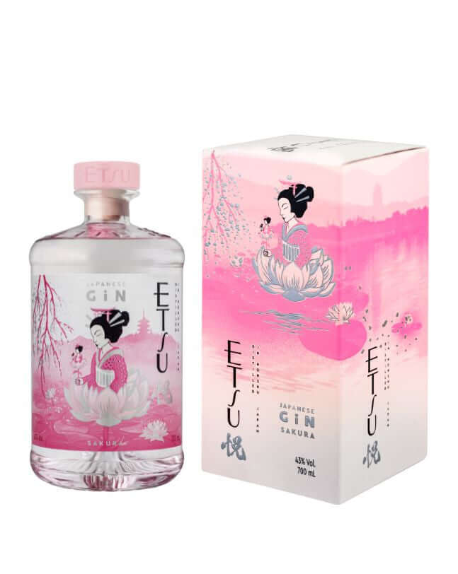Etsu Sakura Japanese gin bottle and packaging, showcasing elegance with floral and pastel design.