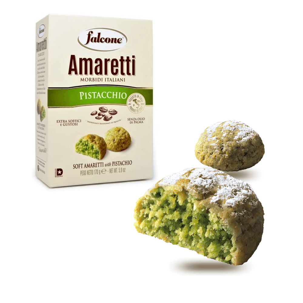 Amaretti Falcone al Pistacchio di Sicilia, dolci morbidi e genuini, senza olio di palma e conservanti.
