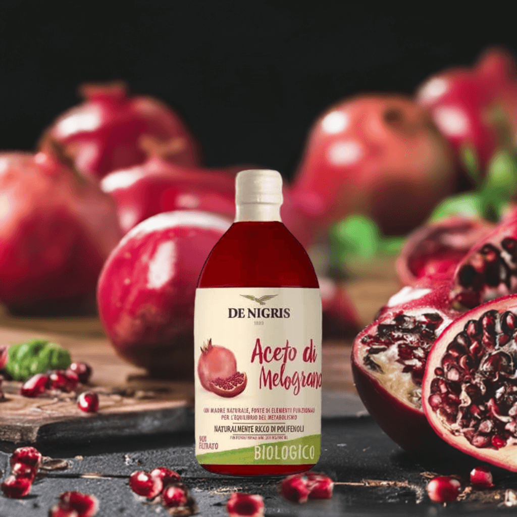 Aceto di Melograno Biologico 500 ml, ideale per insalate, salse e grigliate, con estratti di melograno.