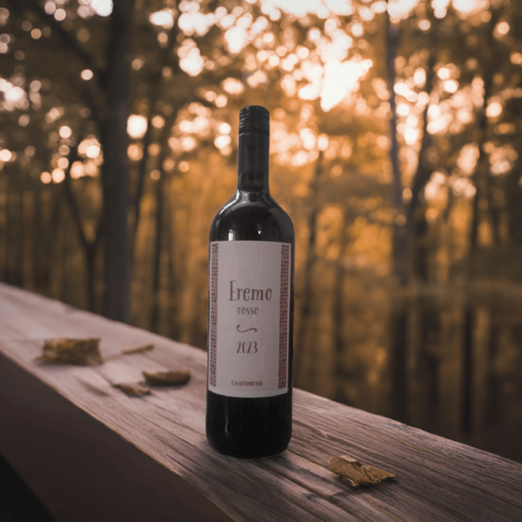 Bottle of Vino Rosso Eremo 2023 on a wooden table in a sunlit forest setting.