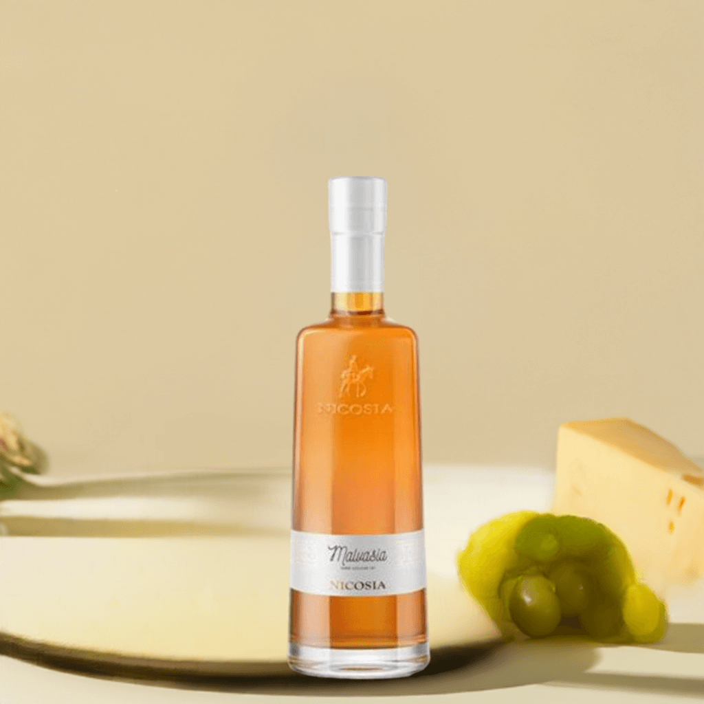Vino Passito Liquoroso Malvasia IGT by Cantina Nicosia, showcasing a bottle with cheese and grapes