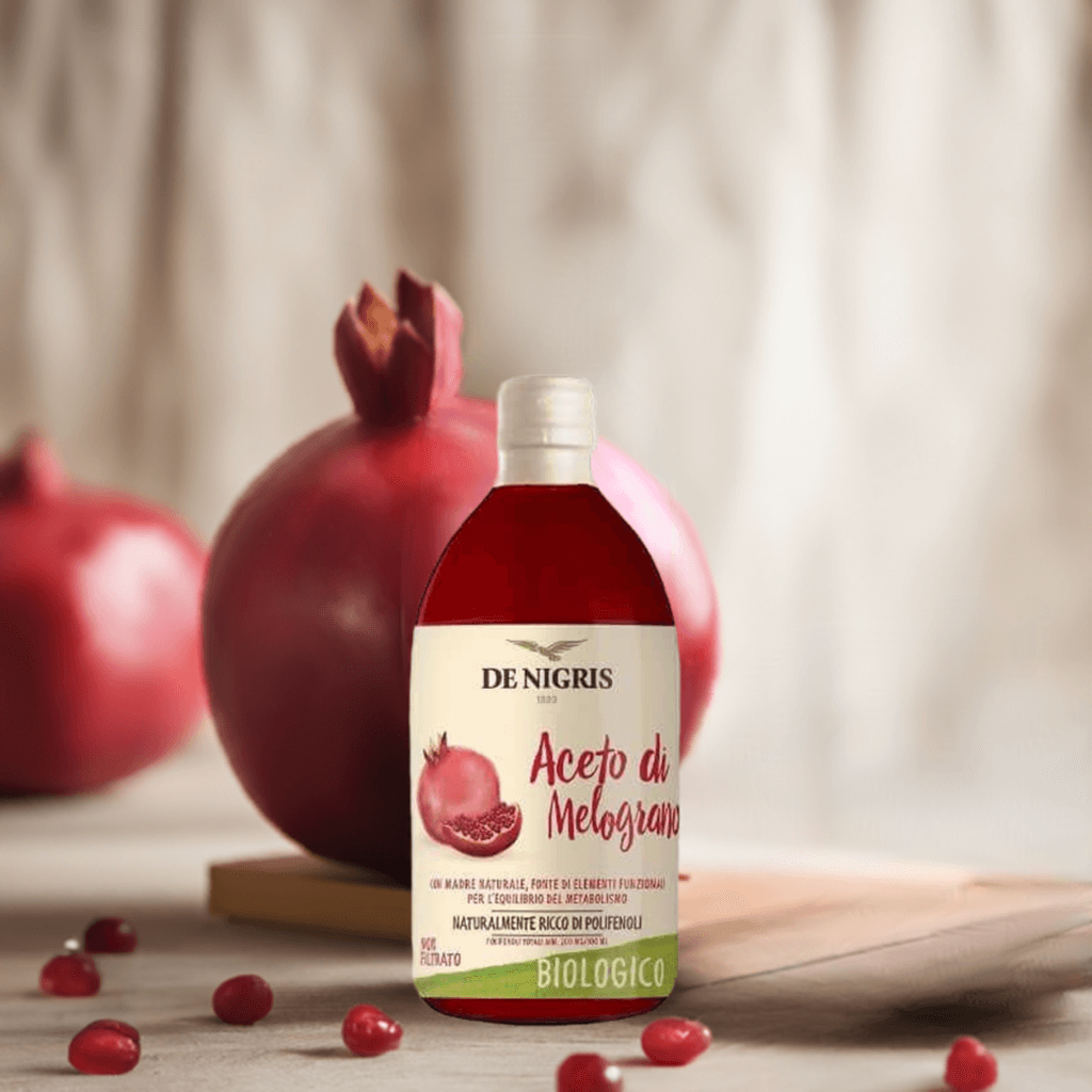 Aceto di Melograno Biologico 500 ml by De Nigris, ideal for salads, grilled vegetables, and sauces.