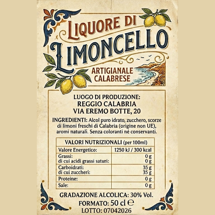 Limoncello - Liquore artigianale di limone Calabrese, etichetta con ingredienti e valori nutrizionali, bottiglia da 50 cl.