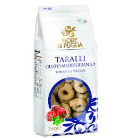 Taralli di Puglia, 250g pack, Mediterranean flavor with tomato and oregano, traditional Italian snack.