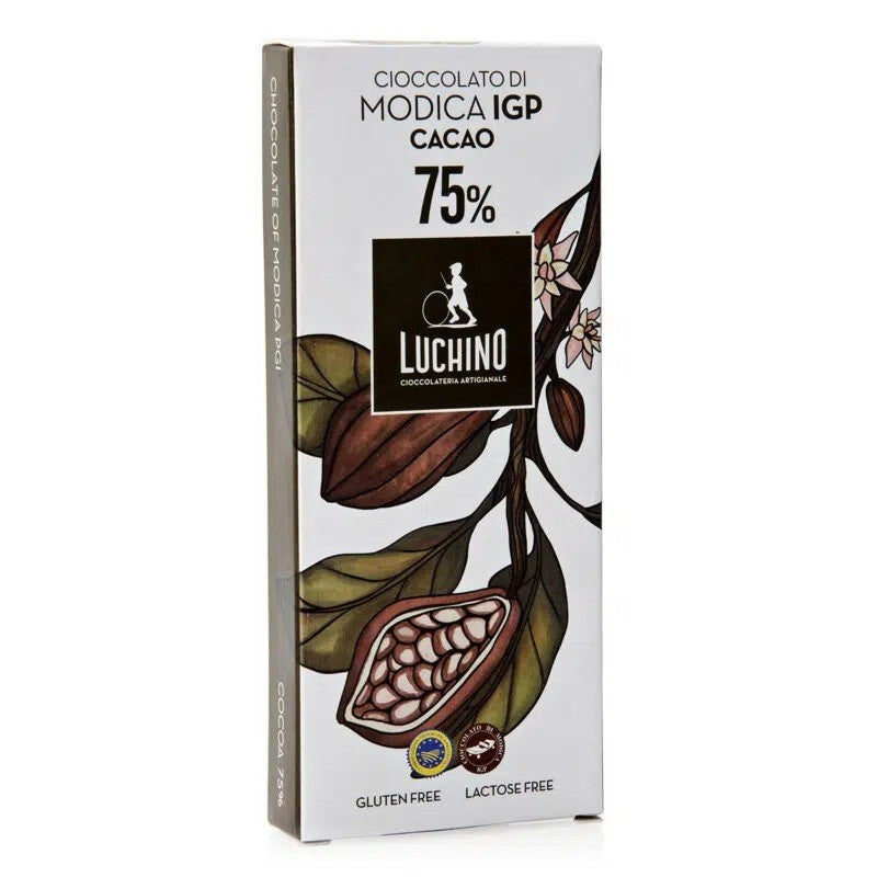 Cioccolato di Modica IGP 75% in tavoletta da 100 gr., confezione Luchino, senza glutine e lattosio.