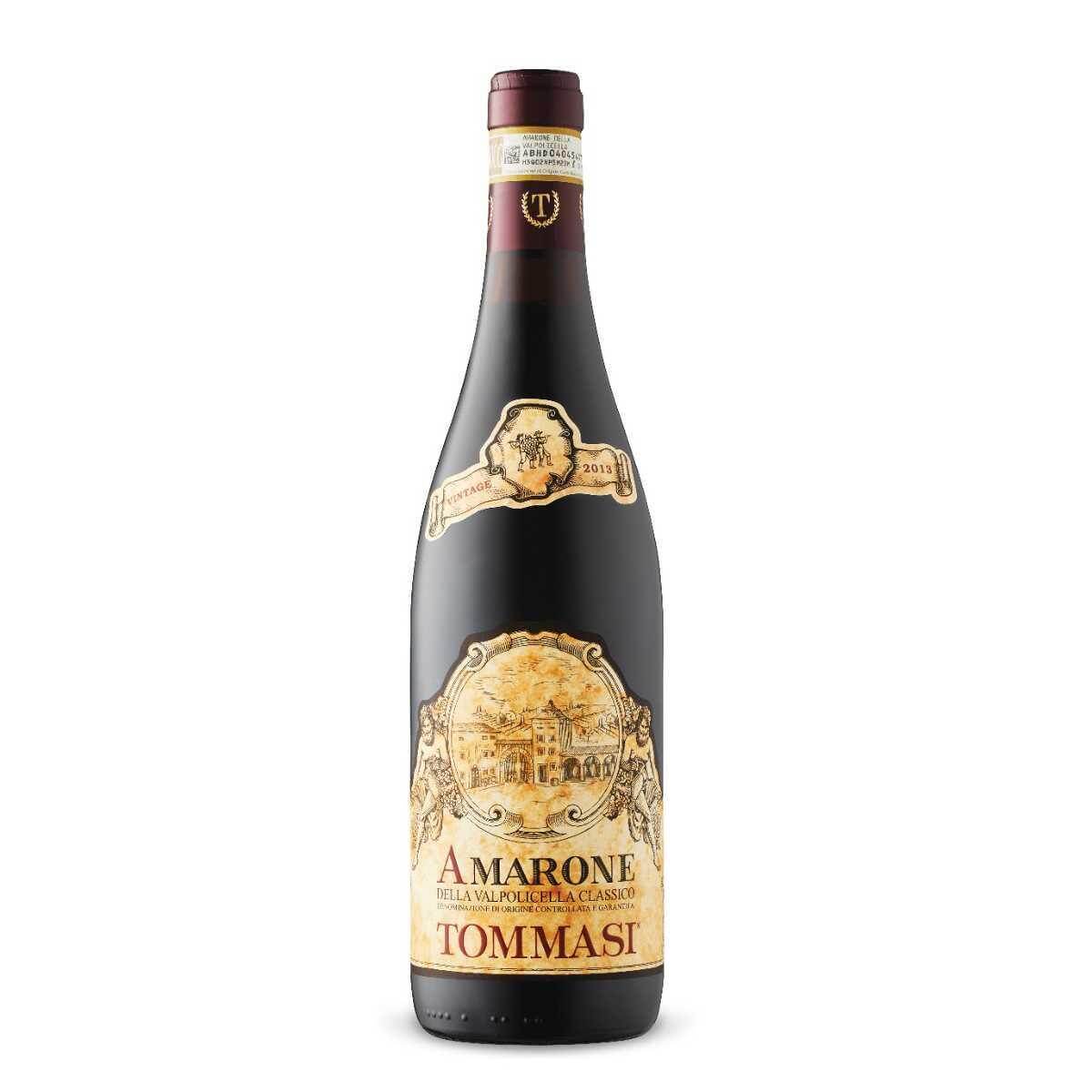 Bottle of Tommasi Amarone della Valpolicella Classico, deep red wine vintage with intricate label design.