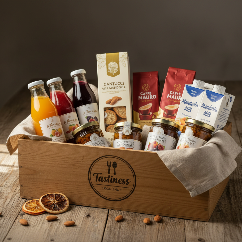colazione gourmet box with assorted gourmet products including juices and pastries from Tastiness Food Shop