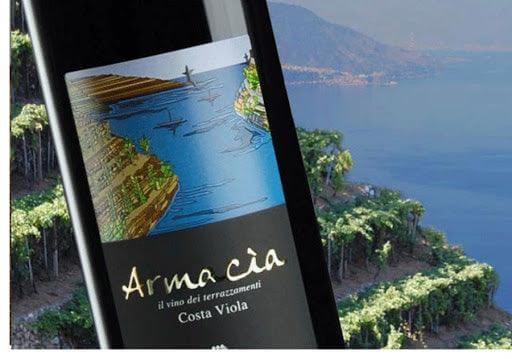 Armacia IGT Calabria Rosso wine bottle with scenic Costa Viola terraced vineyards in background.