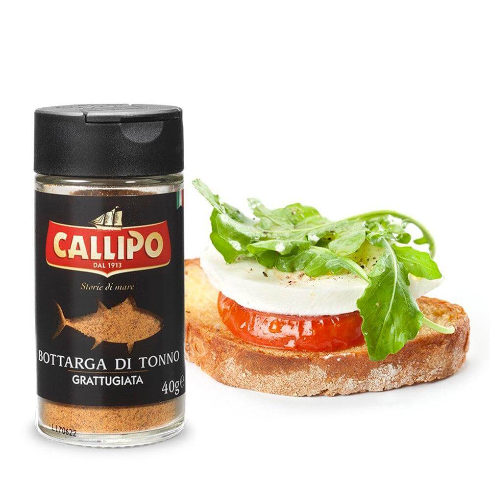 Bottarga di Tonno - Grattugiata packaged by Callipo with a gourmet bruschetta topping.