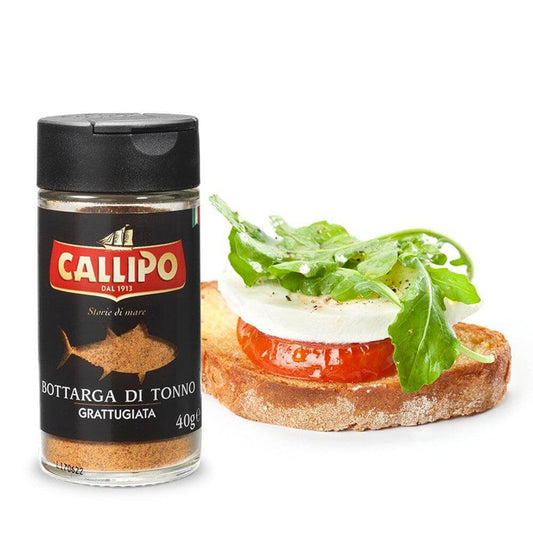 Bottarga di Tonno - Grattugiata packaged by Callipo with a gourmet bruschetta topping.