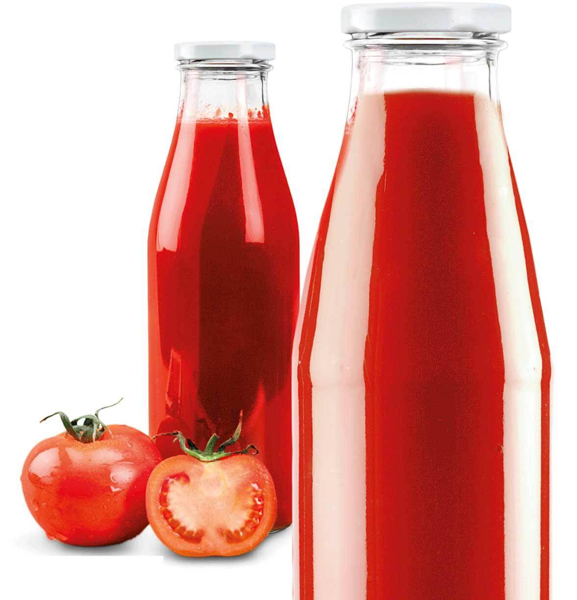 Passata di Pomodoro Artigianale 100% Calabrese in vetro con pomodori freschi al lato, 720 ml.