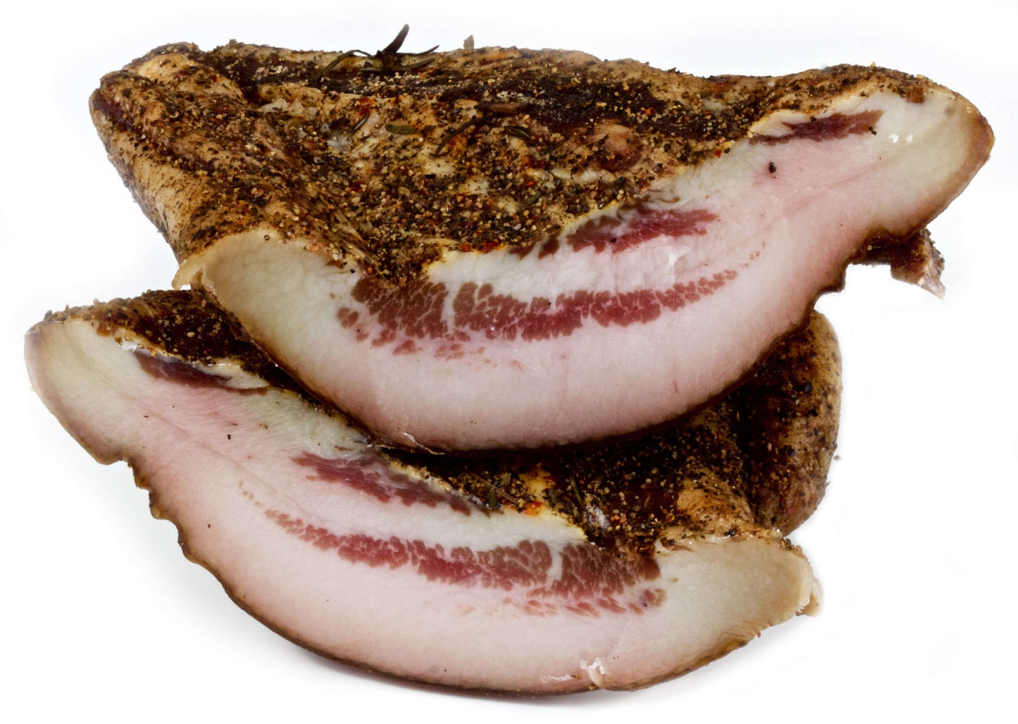 Guanciale Artigianale Pepato, fetta di guanciale con spezie calabresi e finocchietto selvatico.