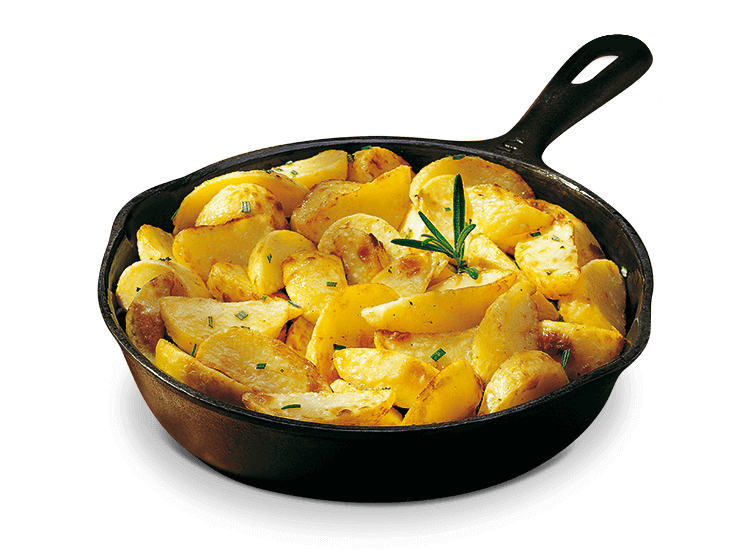 Patate d' Aspromonte cotte in padella con rosmarino su sfondo trasparente.