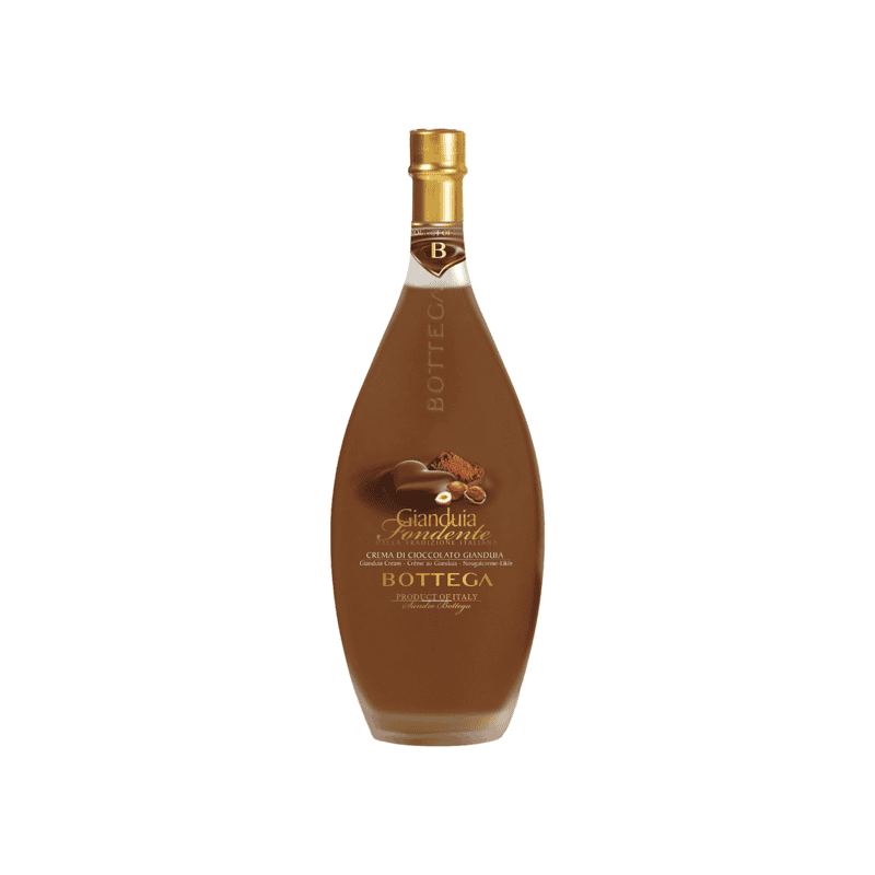 Liquore Crema Gianduia Bottega in bottiglia da 50 cl, dolce cremosità al cioccolato e nocciole.