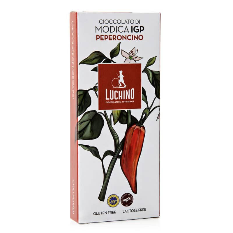 Cioccolato di Modica IGP Peperoncino in elegante confezione da 100 grammi, certificato gluten e lactose free.