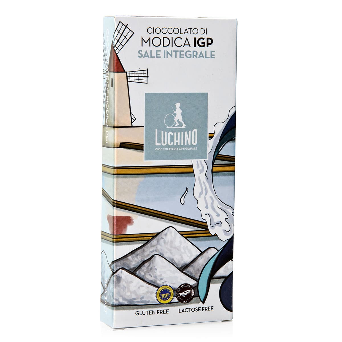 Cioccolato di Modica IGP in tavoletta da 100 gr con sale integrale, confezione Luchino, gluten free.
