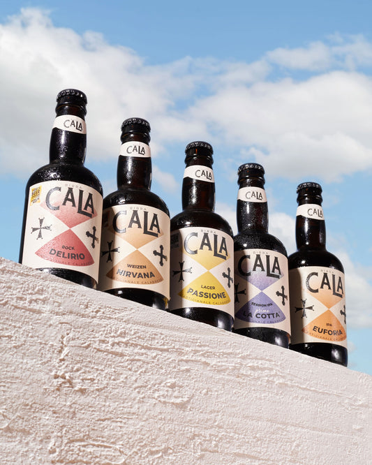 Birra Artigianale Calabrese 33 cl confezione da 6 bottiglie con etichette creative e vista sul cielo.