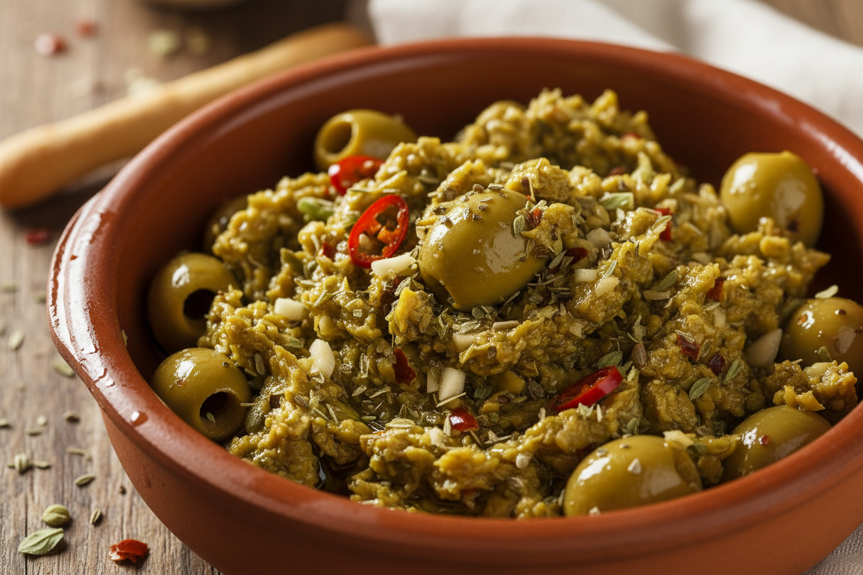 olive verdi schiacciate e condite con aglio origano peperoncino e olio di oliva conenute in una terrina