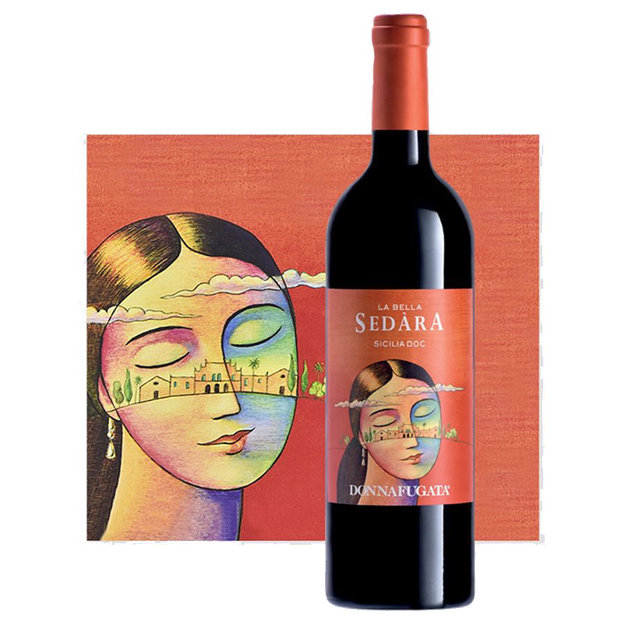 Sedara - Vino Rosso Sicilia DOC bottle against an artistic background, showcasing its vibrant design and branding.